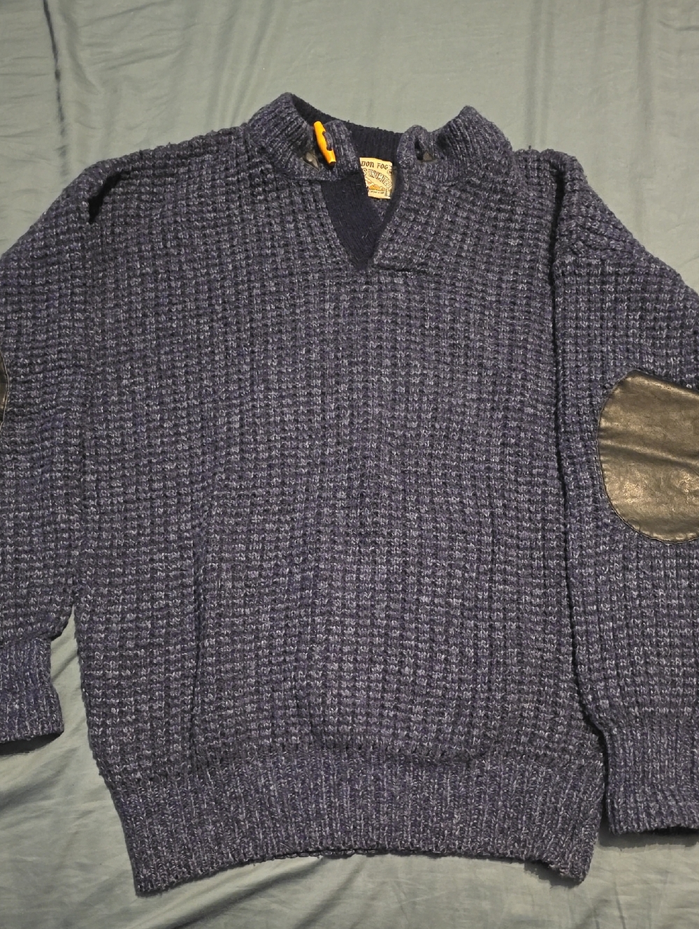 Vintage London Fog Navy Textured V-Neck Sweater with Elbow Patches